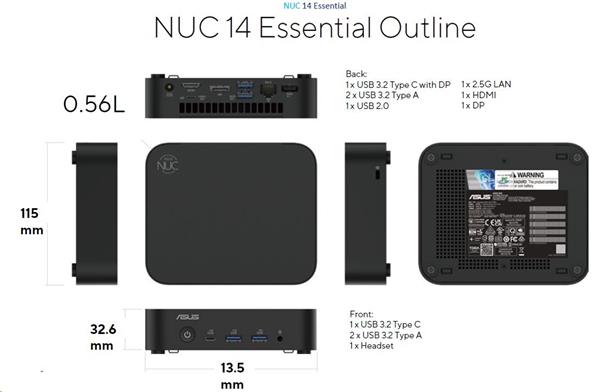ASUS NUC 14 Essential Intel N355, 1xDDR5, M.2 SSD, WiFi+BT, HDMI, DP, USB-C/DP, 2.5G LAN 