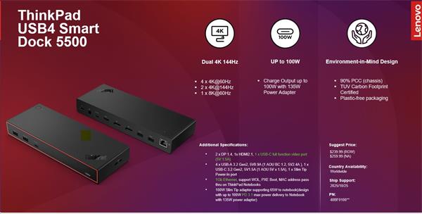 Lenovo ThinkPad USB4 Dock 5000 - PD65W (2x DP, 1x HDMI, 1x RJ45, 2x USB-C,4xUSB-A adapter) pripojit max 4x LCD 