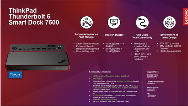 Lenovo ThinkPad Thunderbolt 5 Smart Dock 7500 - PD180W(2x TB5, 2xDP, 1x HDMI, 1xRJ45,2x USB-C, 3x USB) max 4x LCD 