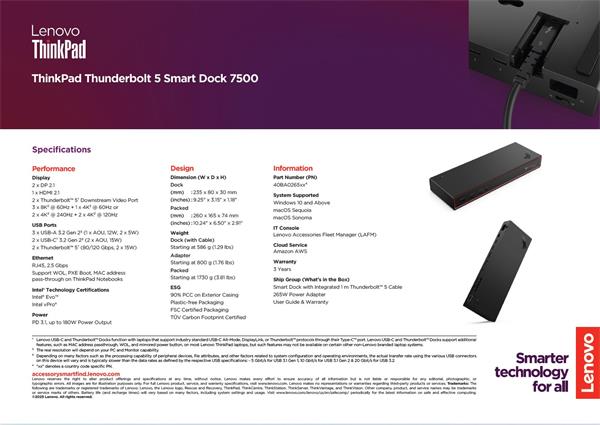 Lenovo ThinkPad Thunderbolt 5 Smart Dock 7500 - PD180W(2x TB5, 2xDP, 1x HDMI, 1xRJ45,2x USB-C, 3x USB) max 4x LCD 