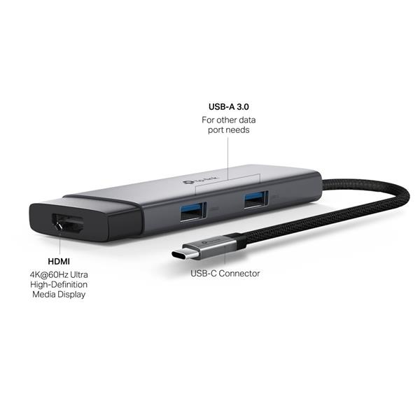 USB Type-C 5-Port Hub SPEC: 1 × USB-C Connector,1 × HDMI 4K 60Hz Port,1 × USB-C PD 100W Port,2 × USB-A 3.0 Ports,1 × USB 