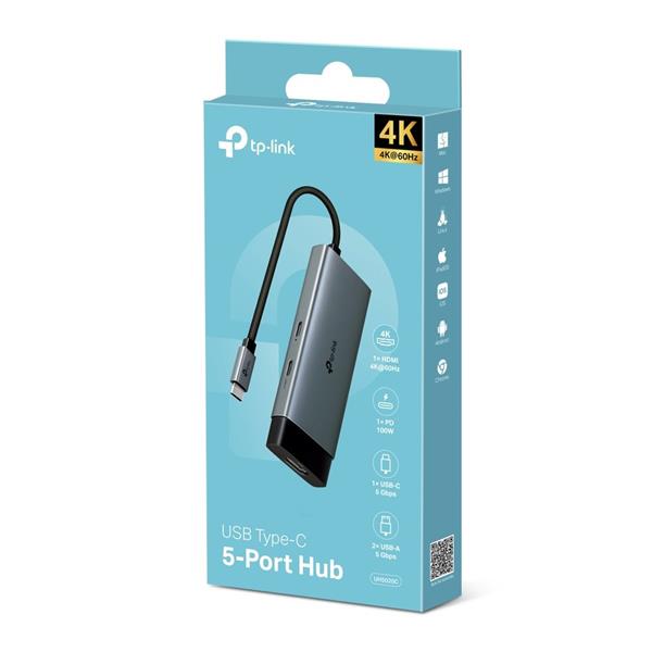 USB Type-C 5-Port Hub SPEC: 1 × USB-C Connector,1 × HDMI 4K 60Hz Port,1 × USB-C PD 100W Port,2 × USB-A 3.0 Ports,1 × USB 