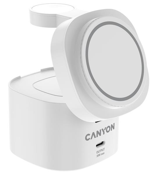 Canyon WS-405, 4v1, bezdrôtová Qi2 nabíjacia stanica pre 4 zariadenia simultánne, bez nabíjačky, biela 