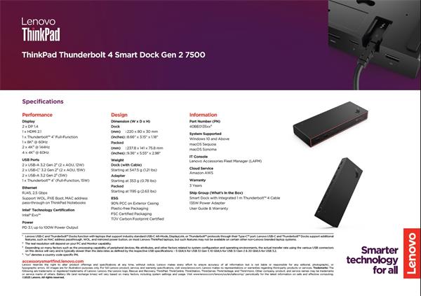 Lenovo ThinkPad Thunderbolt 4 Smart Dock G2 7500 - PD100W(1x TB4, 2xDP, 1x HDMI, 1xRJ45,2x USB-C, 4x USB) max 4x LCD 