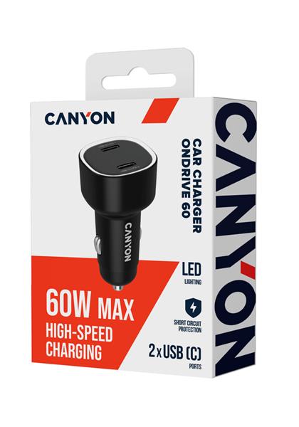 Canyon OnDrive 60, univerzálna autonabíjačka, 2x USB-A, rýchle nabíjanie, výkon 60 W 