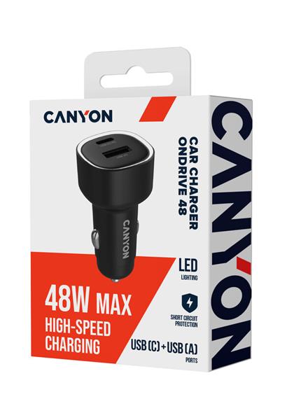 Canyon OnDrive 48, univerzálna autonabíjačka, 1x USB-C, 1x USB-A, rýchle nabíjanie, výkon 48 W 