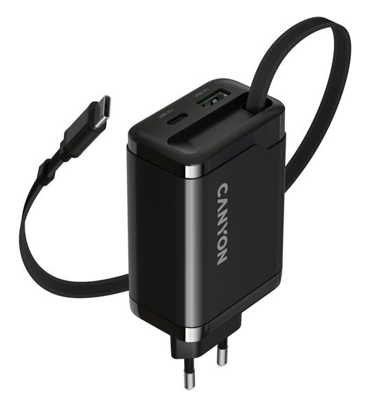 Canyon OnCharge 65RC, vysokorýchlostná univerzálna nabíjačka do steny s integrovaným 68 cm USB(C) káblom, 65W, čierna  