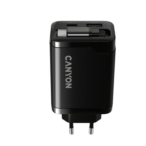 Canyon OnCharge 65RC, vysokorýchlostná univerzálna nabíjačka do steny s integrovaným 68 cm USB(C) káblom, 65W, čierna  