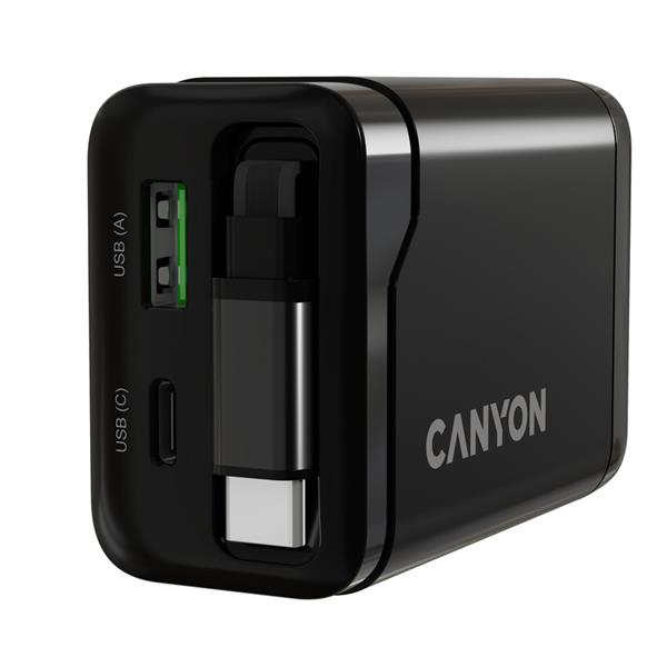 Canyon OnCharge 65RC, vysokorýchlostná univerzálna nabíjačka do steny s integrovaným 68 cm USB(C) káblom, 65W, čierna  