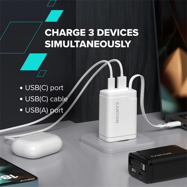 Canyon OnCharge 65RC, vysokorýchlostná univerzálna nabíjačka do steny s integrovaným 68 cm USB(C) káblom, 65W, čierna  