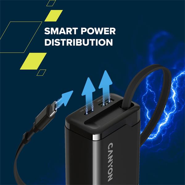 Canyon OnCharge 65RC, vysokorýchlostná univerzálna nabíjačka do steny s integrovaným 68 cm USB(C) káblom, 65W, čierna  