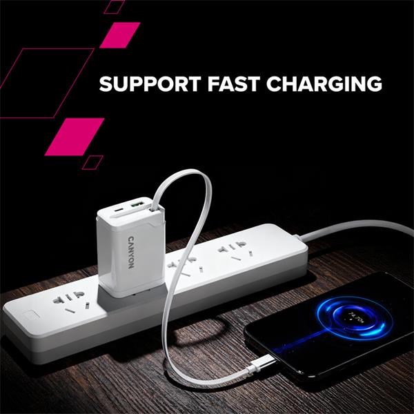 Canyon OnCharge 65RC, vysokorýchlostná univerzálna nabíjačka do steny s integrovaným 68 cm USB(C) káblom, 65W, čierna  