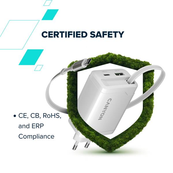 Canyon OnCharge 65RC, vysokorýchlostná univerzálna nabíjačka do steny s integrovaným 68 cm USB(C) káblom, 65W, čierna  