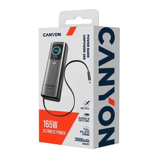 Canyon OnPower 265, Powerbank, 20.000 mAh, 165W ultra rýchla, displej, in:USB-C, out:2x USB-C/1xUSB-A, integ. USB-C káb. 