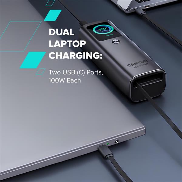 Canyon OnPower 265, Powerbank, 20.000 mAh, 165W ultra rýchla, displej, in:USB-C, out:2x USB-C/1xUSB-A, integ. USB-C káb. 