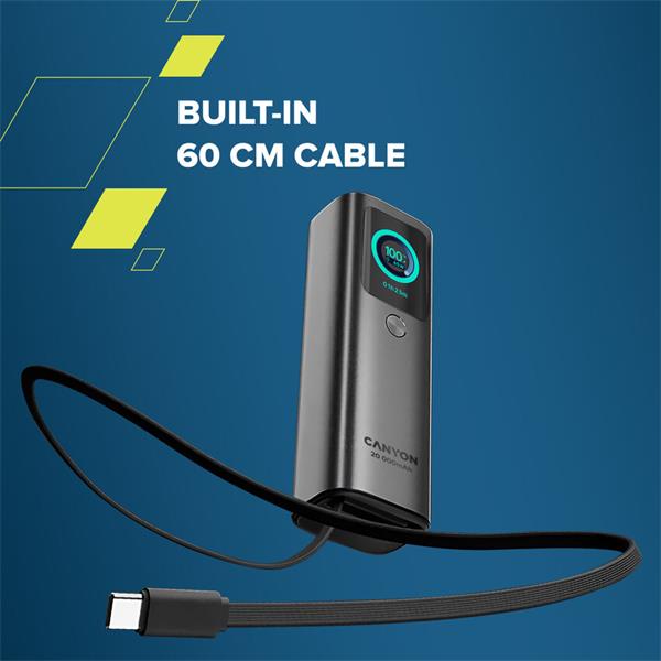 Canyon OnPower 265, Powerbank, 20.000 mAh, 165W ultra rýchla, displej, in:USB-C, out:2x USB-C/1xUSB-A, integ. USB-C káb. 