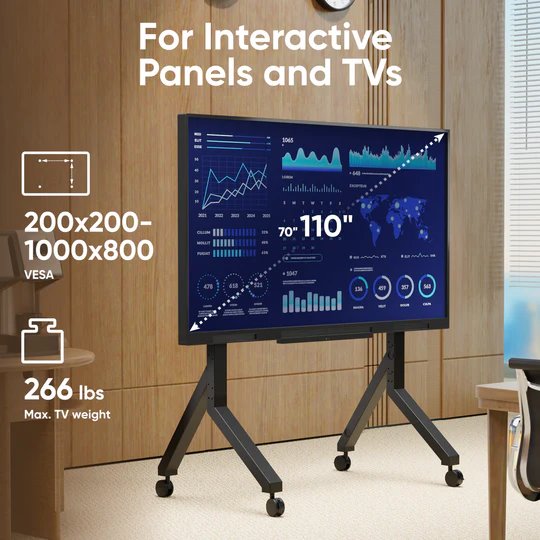 ONKRON mobilný TV stojan pre 70" - 110" do 125 kg, s držiakom, čierny VESA: 200x200 - 1000x800 