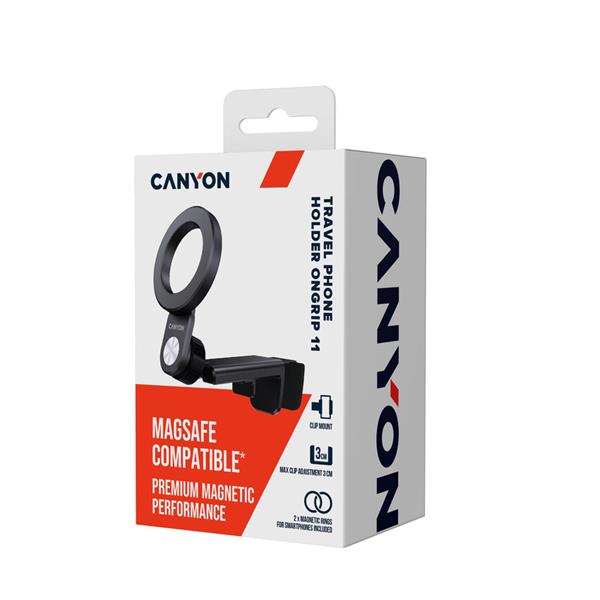 Canyon CH-11, univerzálny magnetický držiak pre smartfóny s klipovým uchytením na povrchy do 3 cm, kompatibilný s MagSaf 