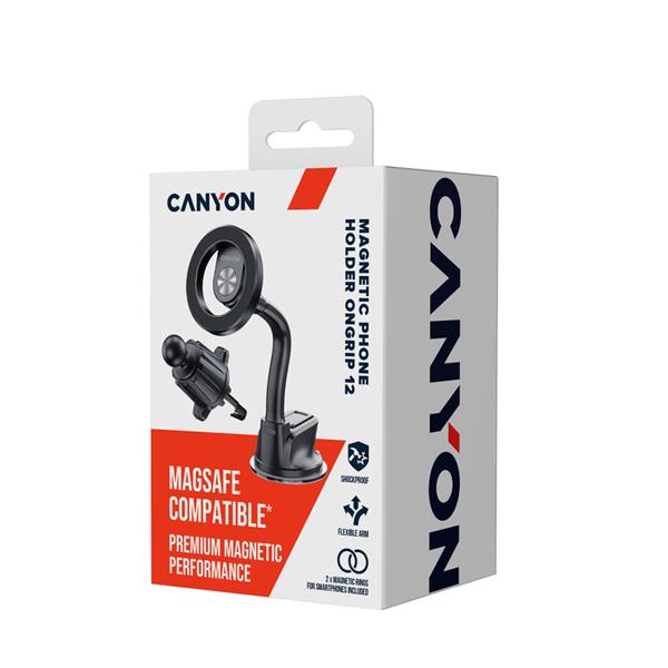 Canyon CH-12, univerzálny magnetický držiak pre smartfóny s flexibilným ramenom a hákom do ventilácie, 360° polohovanie 
