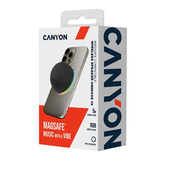 Canyon OnMove 13, ultra kompaktný BT 6.0 reproduktor, Magsafe kompatibilný, RGB podsvietenie, 5W, 600mAh, USB-C nab. 