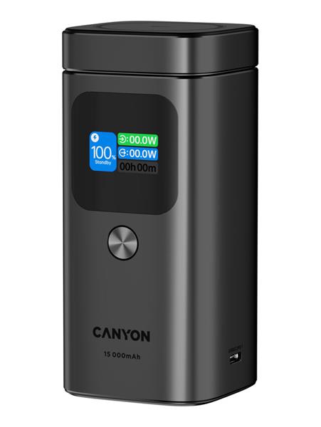 Canyon OnPower 150, Powerbank, 15.000 mAh, 100W, displej, in:USB-C, out:2x USB-C/1xUSB-A, Qi2 bezdr. nabíjanie 