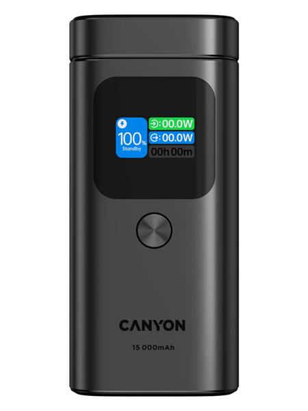 Canyon OnPower 150, Powerbank, 15.000 mAh, 100W, displej, in:USB-C, out:2x USB-C/1xUSB-A, Qi2 bezdr. nabíjanie 