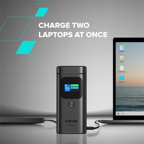 Canyon OnPower 150, Powerbank, 15.000 mAh, 100W, displej, in:USB-C, out:2x USB-C/1xUSB-A, Qi2 bezdr. nabíjanie 