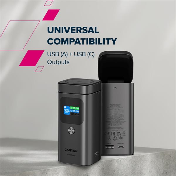 Canyon OnPower 150, Powerbank, 15.000 mAh, 100W, displej, in:USB-C, out:2x USB-C/1xUSB-A, Qi2 bezdr. nabíjanie 