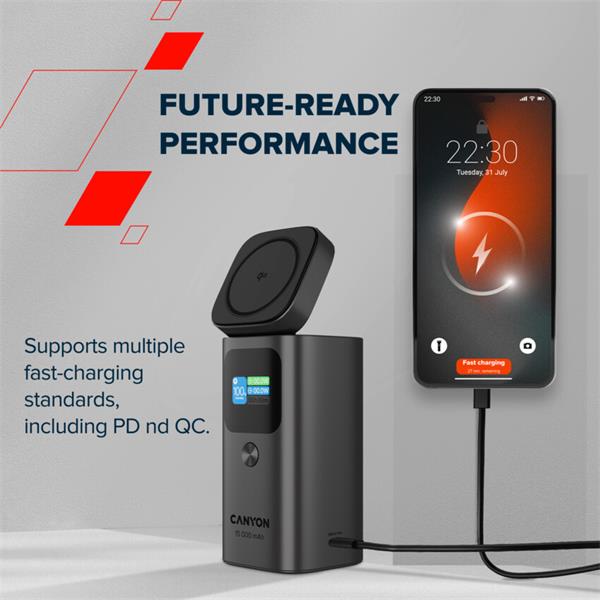 Canyon OnPower 150, Powerbank, 15.000 mAh, 100W, displej, in:USB-C, out:2x USB-C/1xUSB-A, Qi2 bezdr. nabíjanie 