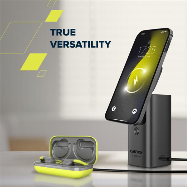 Canyon OnPower 150, Powerbank, 15.000 mAh, 100W, displej, in:USB-C, out:2x USB-C/1xUSB-A, Qi2 bezdr. nabíjanie 