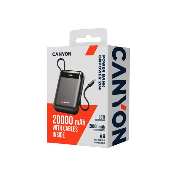 Canyon OnPower 204, Powerbanka, 20 000 mAh, 22.5 W, in/out: USB-C/USB-A, integr. káb. Ligtning+USB-C 