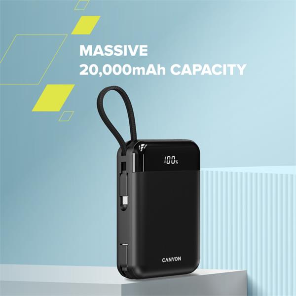 Canyon OnPower 204, Powerbanka, 20 000 mAh, 22.5 W, in/out: USB-C/USB-A, integr. káb. Ligtning+USB-C 