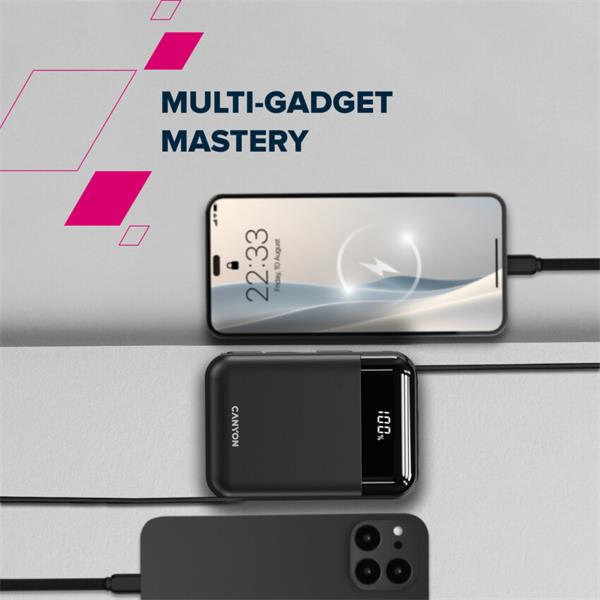 Canyon OnPower 204, Powerbanka, 20 000 mAh, 22.5 W, in/out: USB-C/USB-A, integr. káb. Ligtning+USB-C 