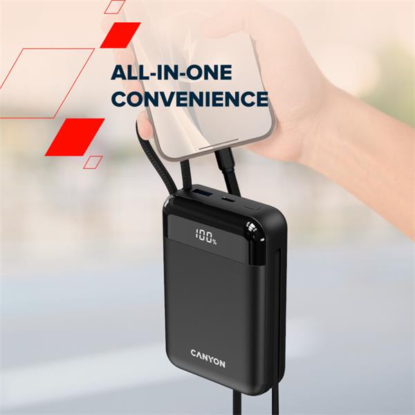 Canyon OnPower 204, Powerbanka, 20 000 mAh, 22.5 W, in/out: USB-C/USB-A, integr. káb. Ligtning+USB-C 