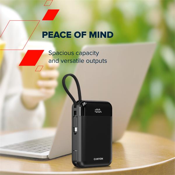 Canyon OnPower 204, Powerbanka, 20 000 mAh, 22.5 W, in/out: USB-C/USB-A, integr. káb. Ligtning+USB-C 
