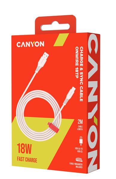 Canyon OnWire 18TP, 2 m kábel, USB-A / USB-C, 18 W, 480 mbps, biely 