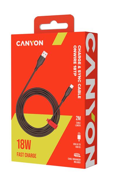 Canyon OnWire 18TP, 2 m kábel, USB-A / USB-C, 18 W, 480 mbps, čierny 