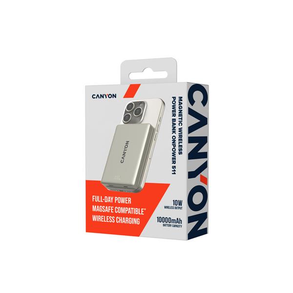 Canyon OnPower 511, Powerbank, 10.000 mAh, 20W USB-C, MagSafe 15W Bezdrôtové nabíjanie, displej, šedá 