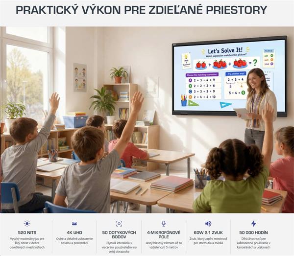 65" LIGHT GEN 7 Séria PRESTIGIO SOLUTIONS, Android 14 Google EDLA + upgr 16, 50 dotyk, 9H, 3x20W, 100 000:1, AI tlačidlo 
