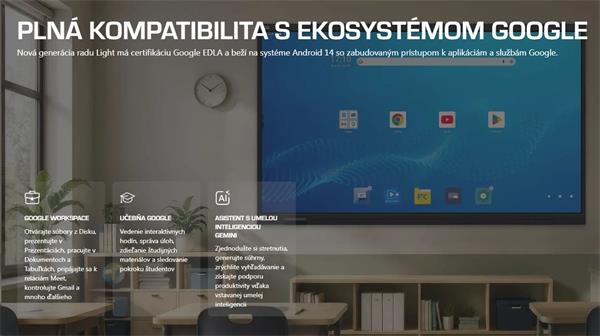 75" LIGHT GEN 7 Séria PRESTIGIO SOLUTIONS, Android 14 Google EDLA + upgr 16, 50 dotyk, 9H, 3x20W, 100 000:1, AI tlačidlo 
