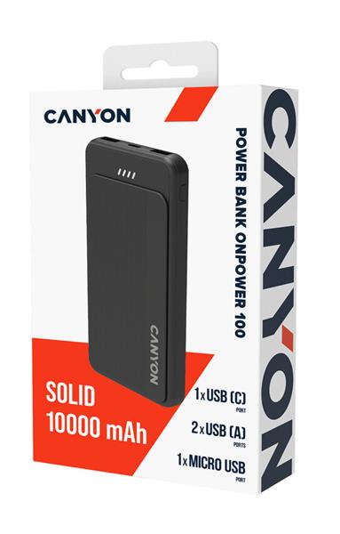 Canyon OnPower 100, Powerbank, 10.000 mAh, LED indikátor, in: 1x USB-C/1x microUSB, out: 1x USB-C a 2x USB-A  
