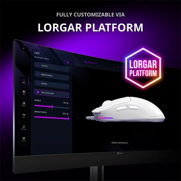 Lorgar MSA10RWH, herná myš, ultraľahká 55g, 6 prog. tlačidiel, 12 000 dpi, podsvietenie RGB, biela 
