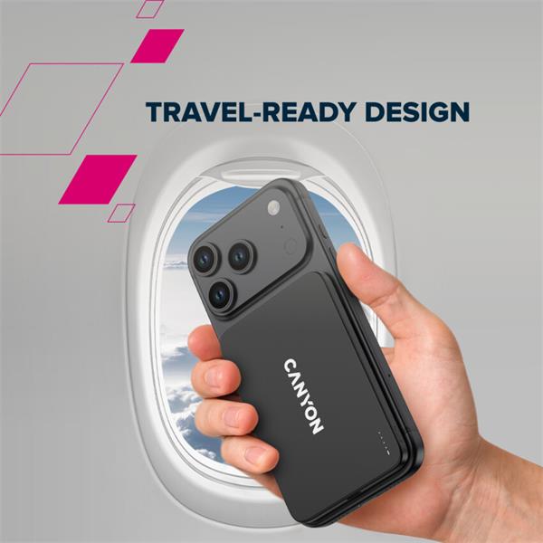 Canyon OnCharge 503, Powerbank, 3 000 mAh, in: USB-C 10W, out: USB-C 10W + Wireless 7.5W, ultratenká, hliníková, šedá 