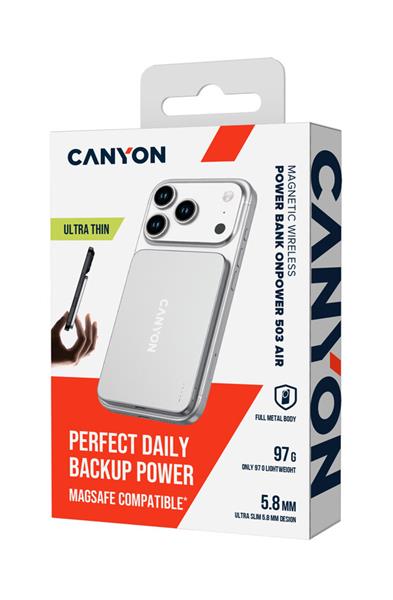 Canyon OnCharge 503, Powerbank, 3 000 mAh,in: USB-C 10W,out: USB-C 10W+Wireless 7.5W, ultratenká, hliníková, strieborná 