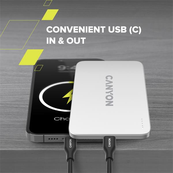 Canyon OnCharge 503, Powerbank, 3 000 mAh,in: USB-C 10W,out: USB-C 10W+Wireless 7.5W, ultratenká, hliníková, strieborná 