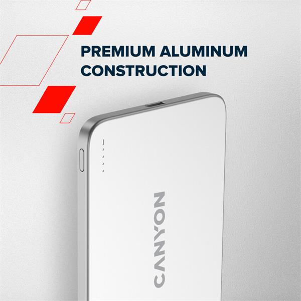 Canyon OnCharge 503, Powerbank, 3 000 mAh,in: USB-C 10W,out: USB-C 10W+Wireless 7.5W, ultratenká, hliníková, strieborná 