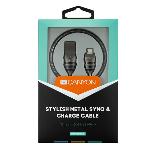 Canyon UM-5, 1m kábel micro-USB / USB 2.0, 5V/2A, priemer 3,5mm, metalicky opletený, tmavo-šedý 