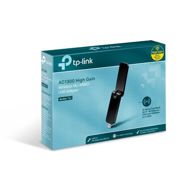 TP-LINK Archer T4U AC1300 high gain wireless MU-MIMO USB adapter, 2T2R, 867Mbps at 5GHz + 400Mbps at 2.4GHz 