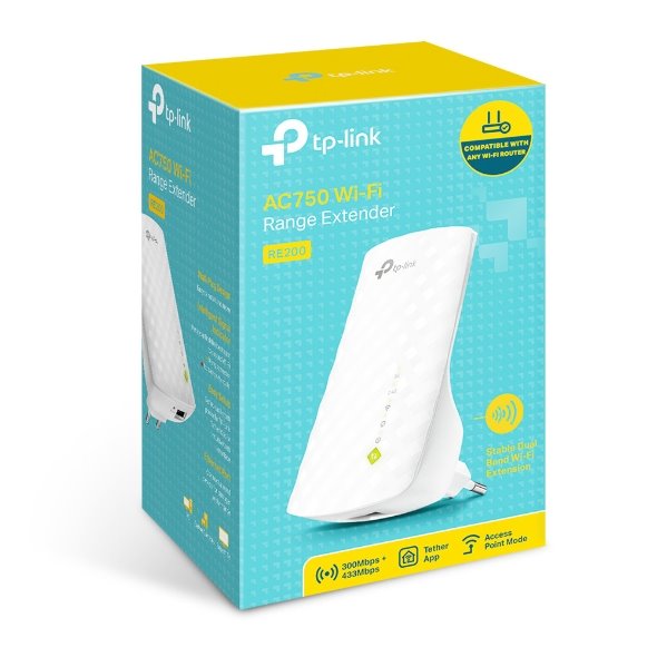 TP-LINK RE200 AC750 Wi-Fi Range Extender, Wall Plugged, 3 internal antennas, 1 10/100Mbps Port 
