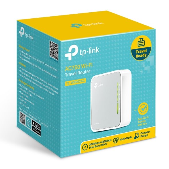 TP-LINK TL-WR902AC AC750 Mini Pocket Wi-Fi Router,  433Mbps at 5GHz + 300Mbps at 2.4GHz, 3 internal antennas 